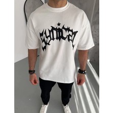 Velmora Fashion      Bisiklet Yaka Baskılı Oversize T-Shirt - Beyaz -