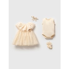 Noynoy Bebek Bebikim Kız Bebek Mevlüt Elbisesi ve Body Seti - Dantelli Tül Detaylı Bandanalı 4'lü Takım - Ekru 3 - 6AY Hediyelik Kutusu Ile Beraber