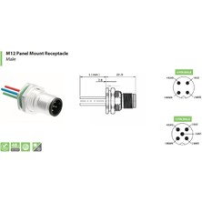 Ercontec ERF12P-MS5C-0,20PVC ,DÜZ/M12-5PIN/ERKEK PVC-20CM Panel Tip Soket