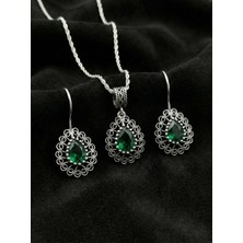 Roza Silver 925 Ayar Gümüş Zümrüt Taşlı Elişi Geleneksel Damla Telkari Kolye-Küpe 2'li Set