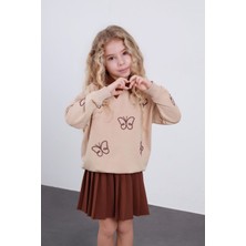 Kr Kids Butik Kız Çocuk Bej Kelebek Desenli Sweatshirt Kahverengi Pileli Etek Takım – Şık Günlük Kombin
