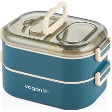 Bento 1000ML Lunchbox Çift Katlı 3 Bölmeli Çelik Sefer Tası Yemek Kutusu (Lacivert)