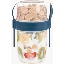 Royal Rain Store ml Take-Go Kaşıklı Hazneli Meyveli Müsli Kabı Piknik Iş Yoğurt Süt Bardağı Kapaklı ve Kaşıklı Kahvaltı Bardakları, Tahıl Tepesi Yulaf Ezmesi Granola (Gece Mavisi)
