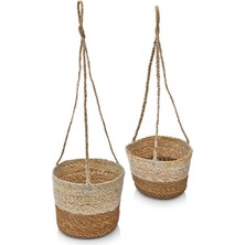 Royal Rain Store 2'li Asılabilir El Yapımı ve Doğal Çift Renk Yuvarlak Hasır Saksılık Seti, 2'li Ipli Asılabilir Hasır Yuvarlak Saksı Seti (23CM*18CM-20CM*15CM)
