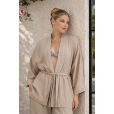 Miespiga %100 Pamuklu Dokuma Beli Kuşaklı Mini Kadın Kimono Kaftan