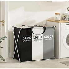 Royal Rain Store Home 3 Bölmeli Katlanabilir Çamaşır Sepeti – Siyah, Beyaz ve Gri Renklerde, Dayanıklı ve Şık Tasarım, Makinede Yıkanabilir Kumaşlı, Alüminyum Gövdeli, 64X42X58 cm Boyutlarında