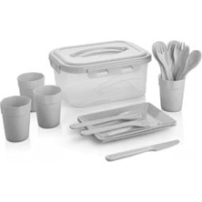 Royal Rain Store Parça Piknik Seti, 4 Kişilik, Tabak, Bardak, Çatal Kaşık Bıçak Takımı ve Saklama Kabı (Antrasit)