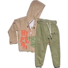 by BebekOdam Erkek Çocuk Bej Yeşil Yaprak Desenli Müslin Hırkalı 3 Lü Takım - 1013391