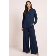 Guitar Dökümlü Lacivert Saten Gömlek