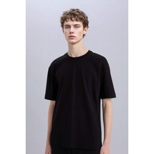 DeFacto %100 Pamuk Oversize Geniş Kalıp Bisiklet Yaka Basic Düz Kısa Kollu Siyah Tişört E6885AXNS