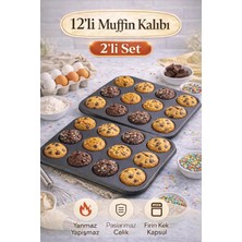 12 Bölmeli Yanmaz Kek Kalıbı, Cupcake ve Çörekler Için 2'li Set