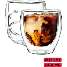 Çift Cidarlı 250 ml Kulplu Cam Kupa Seti, Sıcak & Soğuk Içecekler Için Ideal