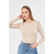 Irmak Kerekli Bisiklet Yaka Uzun Kol Badi Viskon Likralı Body 101 Bej