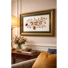 Muguetarts %100 El Yapımı Çiçek Nakış Sanatı, Çerçeveli Türk Tekstili, Altın Simli Detay (87X60 Cm)