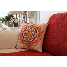 %100 El Yapımı Işlemeli Ipek Yastık Kılıfı Mandala Papatya Desenli (40X40 Cm)