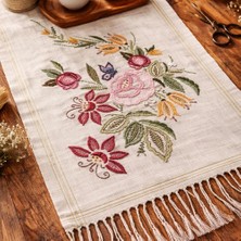 Muguetarts %100 El Işlemeli Çiçek ve Kelebek Dekorlu Keten Masa Runner Örtü (76X51CM)