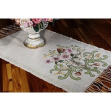 Muguetarts %100 El Işlemeli Çiçek Dekorlu Keten Masa Runner Örtü (76X51CM)