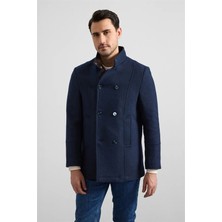 Süvari Lacivert Slim Kruvaze Yaka Düz Yan Cepli Düğmeli Dolgusuz Standart Kaban