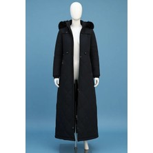 Giza Store Aysema Kadın Siyah Kürklü Şişme Mont Uzun Kol Düz Desen Kapitone Kumaş ile Yeni Sezon