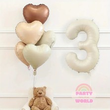 Party World Krem Rakam 3 Folyo Balon ve 5’li Kahverengi Tonlarda Kalp Folyo Balon Seti
