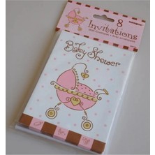 Party World 8'li Baby Shower Pembe Bebek Araba Baskılı Davetiye