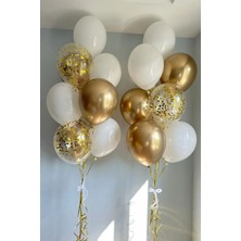 Party World 20'lu Beyaz Şeffaf Gold Pullu Gold Krom Uçan Balon Seti (12 Inç)