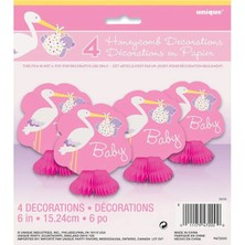 Party World Baby Shower Pembe Leylek Masa Orta Süsü Mini 4 Lü Set