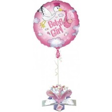 Party World Baby Shower Pembe Leylekli Folyo Balon (Ağırlıklı 1 Adet)
