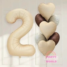 Party World 2 Krem Folyo Balon + 7 Adet Krem Tonlarında Kalp Balon Seti