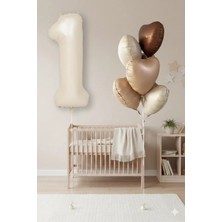 Party World Krem Rakam 1 Folyo Balon ve 5'li Kahverengi Tonlarda Kalp Folyo Balon Seti