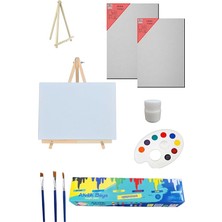 Royal Rain Store - Boya Seti - Mini Masa Şövalesi, 2 Adet Tuval, Resim Verniği, Akrilik Boya, Palet, (Şövalye) Karışık