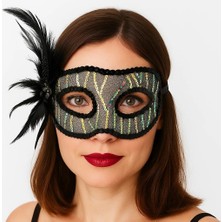 Similar Siyah Renk Yandan Tüylü Pul Payet Işlemeli Parti Maskesi 23X12 cm