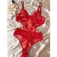 Kırmızı Kalp Desenli Transparan Dantel Body Takım- 90B