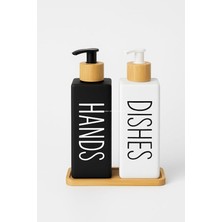 Royal Rain Store Bulaşık Deterjanlık ve Sabunluk Seti Bambu Tepsili Şık Ikili Set Siyah Beyaz Modern Tasarım Kompozit Malzemeli Mutfak Tezgah Üstü Organizer (Dikdörtgen)