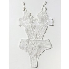 Beyaz Kalp Desenli Transparan Dantel Body Takım- 80B