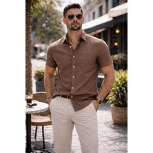 Colvis Man Erkek Klasik Kısa Kol Likralı Flam Keten Gömlek Hediye Kutulu