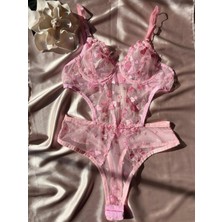 Pembe Kalp Desenli Transparan Dantel Body Takım- 75B