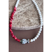 Merse Atelier Kırmızı Mercanlı Beyaz Cam Boncuklu Murano Balık Charmlı Kolye