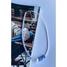 Merse Atelier Mavi Kristal ve Beyaz Kum Boncuklu Incili Murano Balık Charmlı Kolye