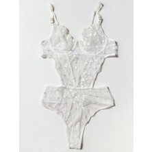 Beyaz Kalp Desenli Transparan Dantel Body Takım- 85B