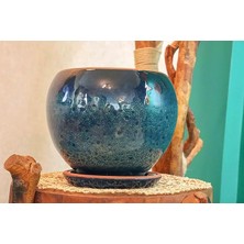 Royal Rain Store Tasarımı Ev Dekorasyon Okyanus Mavisi Artistik Çift Sırlı Iç ve Dış Mekan Kullanımlı Tabaklı Toprak Terrakota Saksı Saksılık Salon Çiçeklik