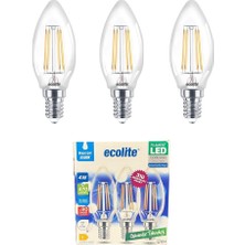 Royal Rain Store 4W LED Filament Mum Ampul, E14 Duy, 6500K Beyaz Işık, 470 Lümen, Şeffaf Cam, Akkor Görünümlü Dekoratif Lamba, 3'lü Paket (Beyaz)