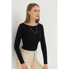 Irmak Kerekli Kadın Kayık Yaka Basic Uzun Kollu Body Likralı Bluz  Viskon Body 160 Siyah