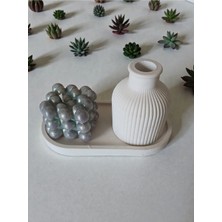 Doğal Dekoratif Set - Bubble Mum, Çizgili Vazo ve Oval Tepsi