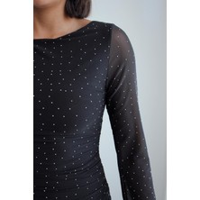 Salome Butik Tül Kol Detaylı Taşlı Bluz