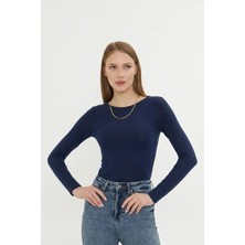 Irmak Kerekli Kadın Kayık Yaka Basic Uzun Kollu Body Likralı Bluz  Viskon Body 160 Lacivert