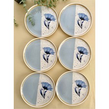 Akrilik Malzemeden 6'lı Mavi Gelincik Desenli Servis ve Pasta Tabağı Seti Modern Tasarım