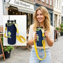 Woodycord El Yapımı Tweety Kot Matara Termos Kılıfı 1,18 lt Kulplu Model Quencher Pipetli Lacivert Dayanıklı Denim Tasarım