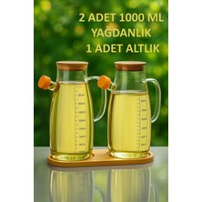 Borosilikat Cam Yağdanlık Sirkelik Seti Bambu Kapaklı ve Altlıklı 3'lü