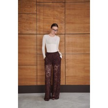 Cemo Kadın Dantel Desenli Yüksek Bel Geniş Paça Pantolon